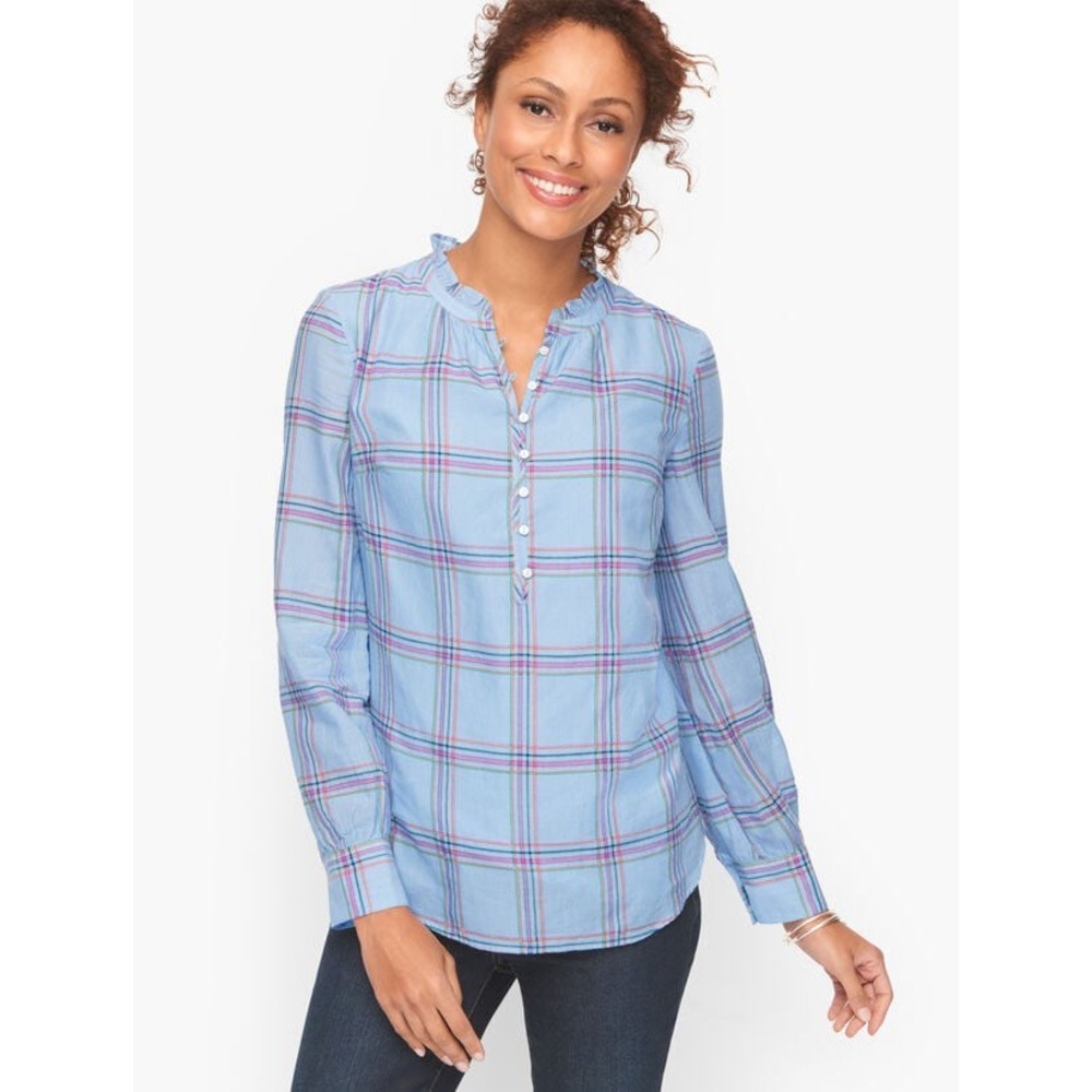 Talbots‎ Blue Plaid Ruffle Trim Blouse Women's 2X Cotton Long Sleeve Button Top